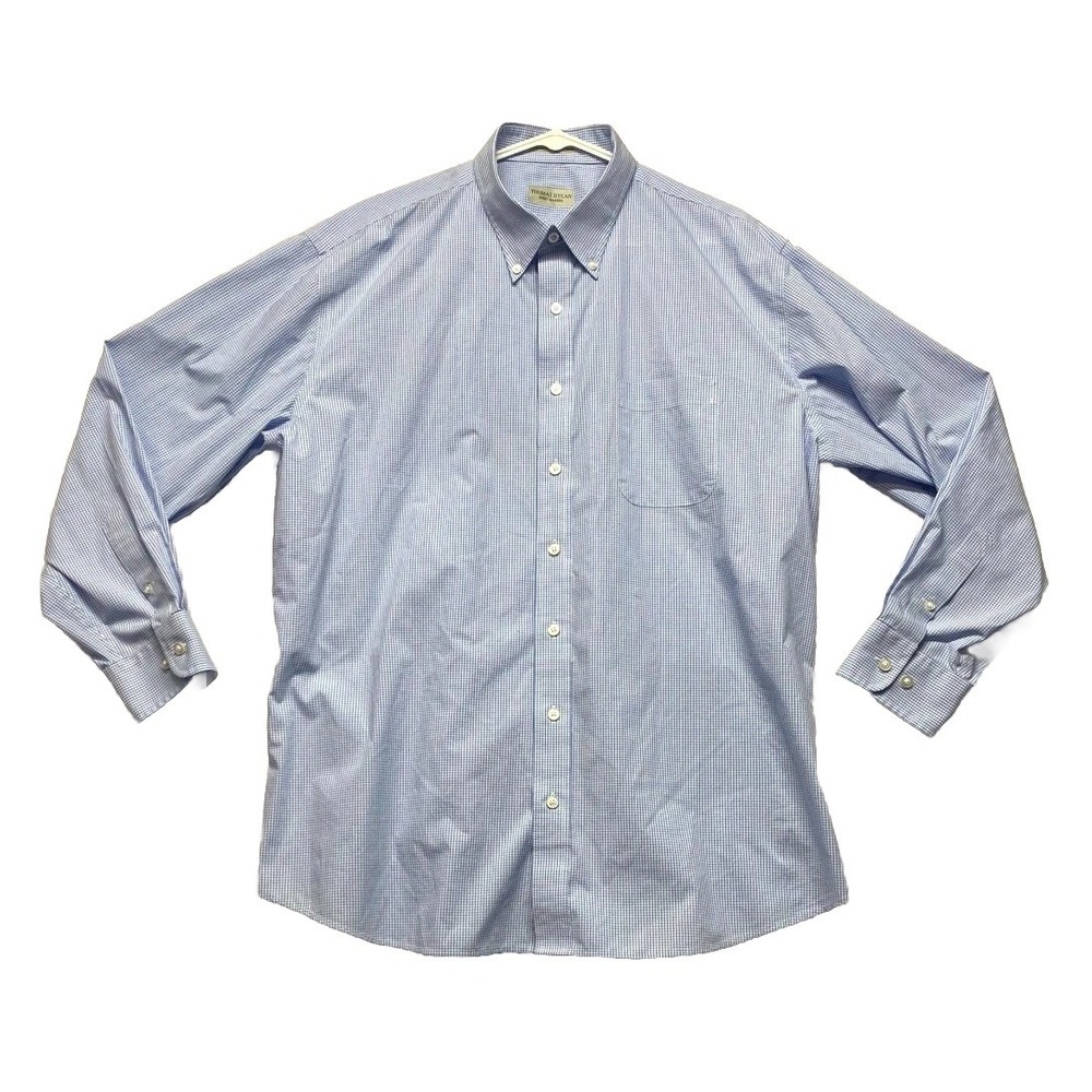 Thomas Dylan Dress Shirt Men 17.5 34-35 White Blue Grid Non Iron Business Formal